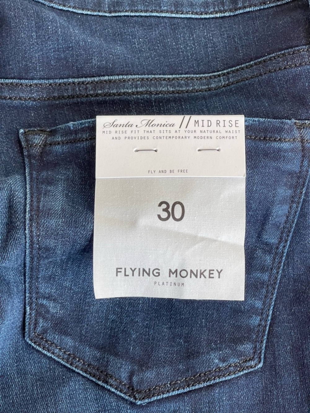 NWT Flying Monkey Santa Monica Mid-Rise Jeans Size 30 Blue Denim Black Panel Hem - Picture 13 of 14